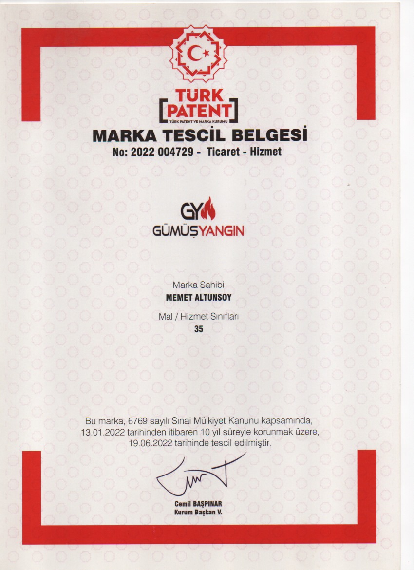 Gümüş Yangın Marka Tescil Belgesi