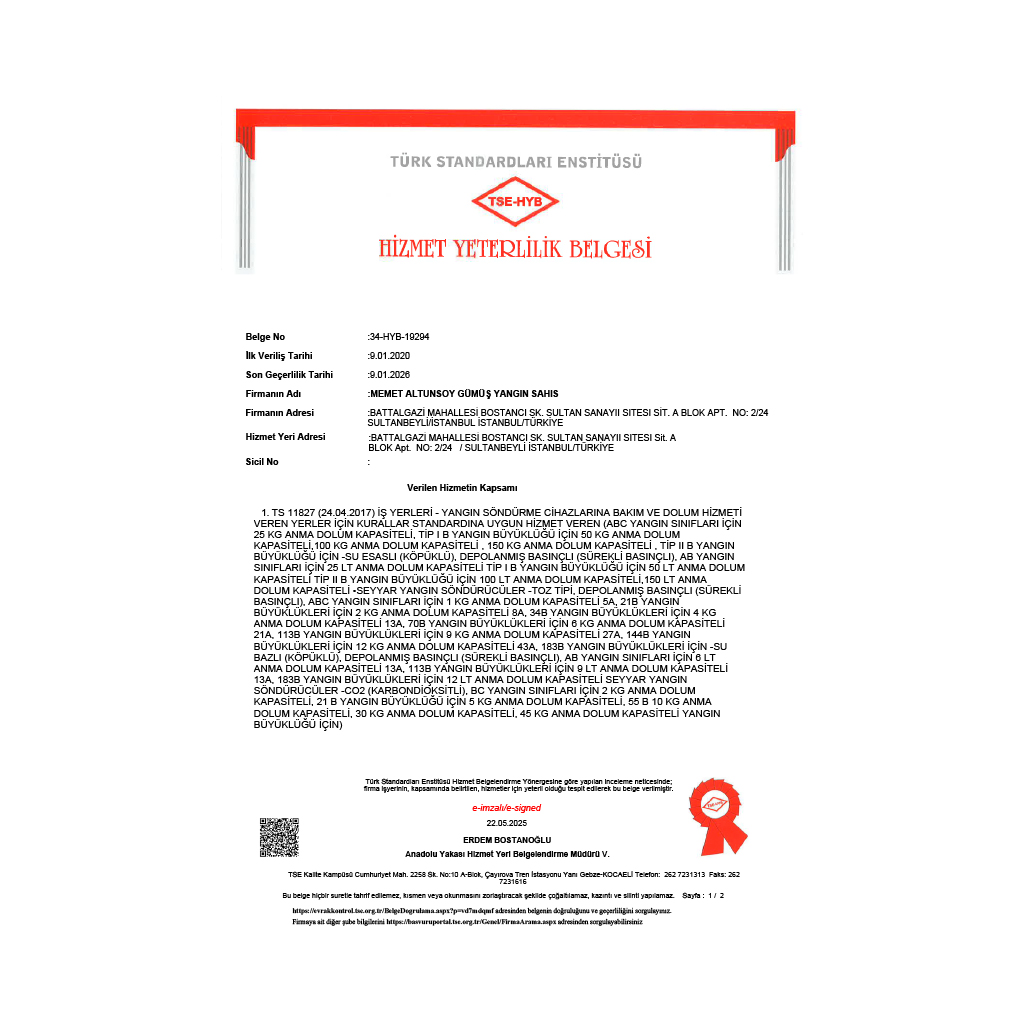 Gümüş Yangın TSE - Hizmet Yeterlilik Belgesi